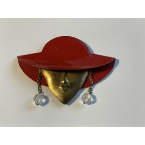 Vtg Large Brass & Enamel Woman's Head Broach Dangling Earrings Art To Wear 80s
